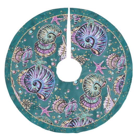 Underwater Aquamarin Luxe | Green Pastel Gold Seas Polyester Weihnachtsbaumdecke (Vorderseite)