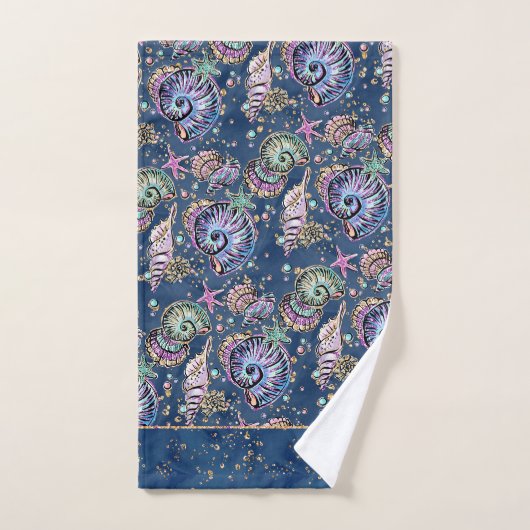 Underwater Blue Luxe | Pastel Gold Seashells Badhandtuch Set (Handtuch)