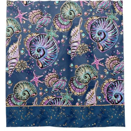 Underwater Blue Luxe | Pastel Gold Seashells Duschvorhang (Vorderseite)