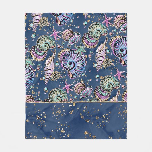 Underwater Blue Luxe | Pastel Gold Seashells Fleecedecke (Vorderseite)