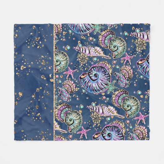 Underwater Blue Luxe | Pastel Gold Seashells Fleecedecke (Vorderseite (Horizontal))