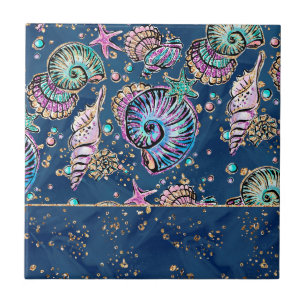 Underwater Blue Luxe   Pastel Gold Seashells Fliese