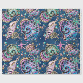 Underwater Blue Luxe | Pastel Gold Seashells Geschenkpapier (Flach)