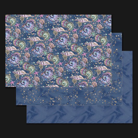 Underwater Blue Luxe | Pastel Gold Seashells Geschenkpapier Set