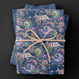 Underwater Blue Luxe | Pastel Gold Seashells Geschenkpapier Set
