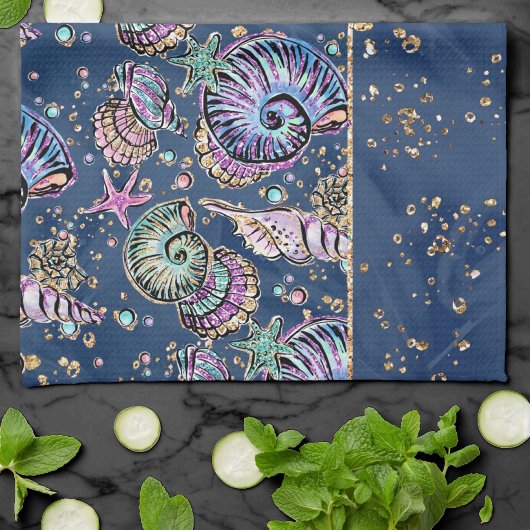 Underwater Blue Luxe | Pastel Gold Seashells Geschirrtuch