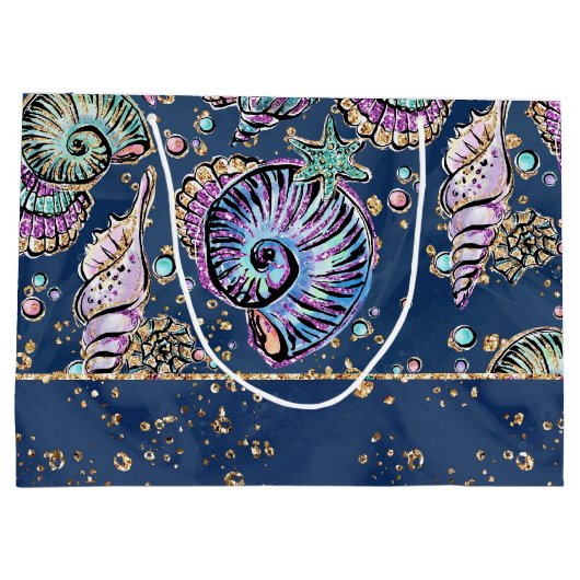 Underwater Blue Luxe | Pastel Gold Seashells Große Geschenktüte (Rückseite)