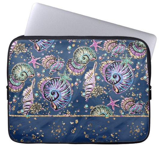 Underwater Blue Luxe | Pastel Gold Seashells Laptopschutzhülle (Vorderseite)