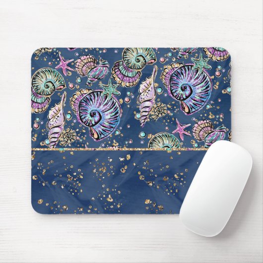 Underwater Blue Luxe | Pastel Gold Seashells Mousepad (Mit Mouse)