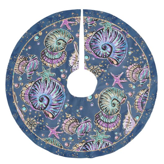 Underwater Blue Luxe | Pastel Gold Seashells Polyester Weihnachtsbaumdecke (Vorderseite)