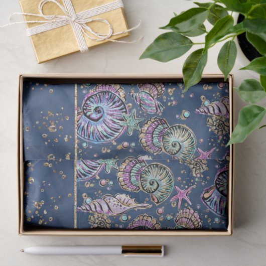 Underwater Blue Luxe | Pastel Gold Seashells Seidenpapier (Geschenk)