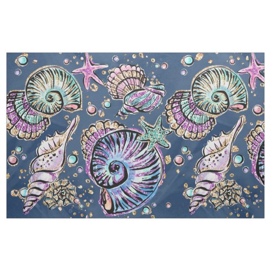 Underwater Blue Luxe | Pastel Gold Seashells Stoff (Fat Quarter (45,7 x 55,9 cm))