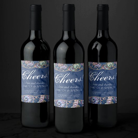 Underwater Blue Luxe | Pastel Gold Seashells Weinetikett