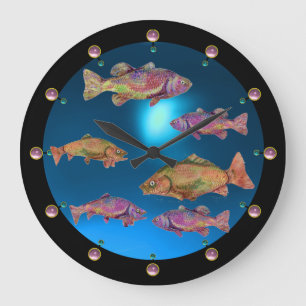 UNDERWATER / COLORFUL RAINBOW TROUTS Blue Große Wanduhr
