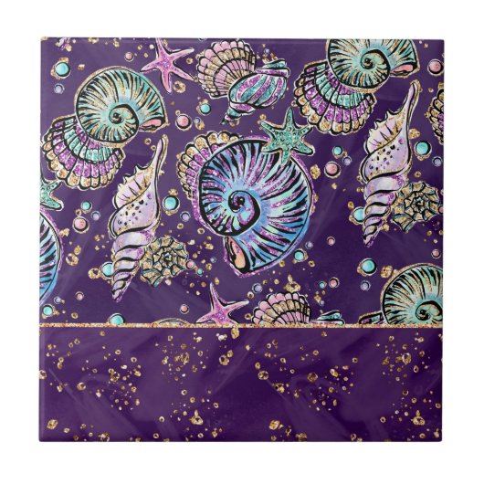 Underwater Lila Luxe | Dark Pastel Gold Sea Life Fliese (Vorderseite)