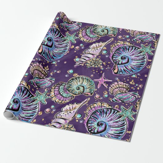 Underwater Lila Luxe | Dark Pastel Gold Sea Life Geschenkpapier (Ungerollt)
