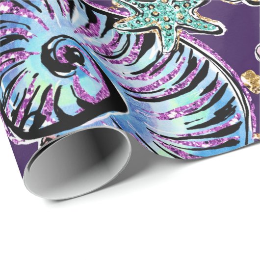 Underwater Lila Luxe | Dark Pastel Gold Sea Life Geschenkpapier (Rolleneckpunkt)