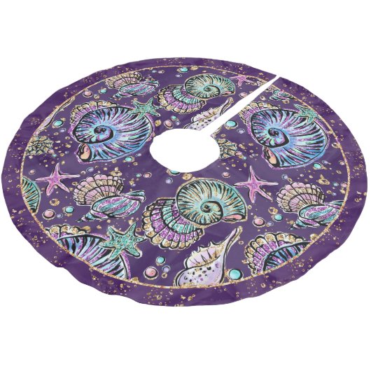 Underwater Lila Luxe | Dark Pastel Gold Sea Life Polyester Weihnachtsbaumdecke (Schrägansicht)