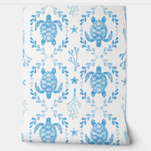 Underwater Sea Turtles and Starfish in Light Blue 