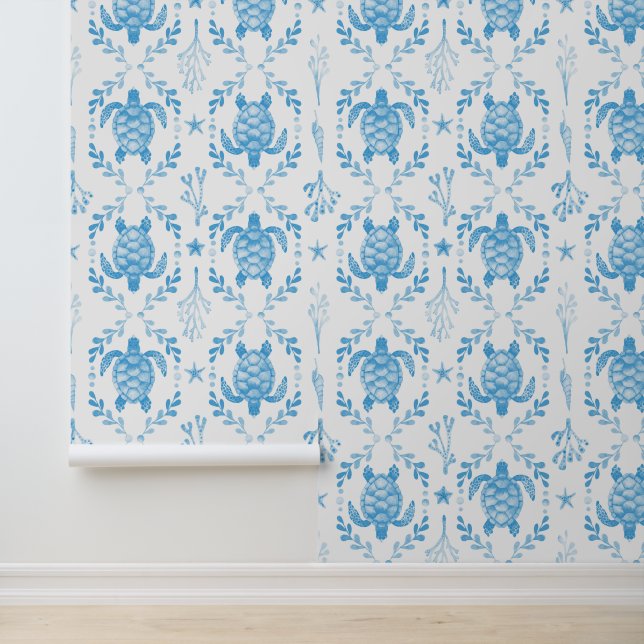 Underwater Sea Turtles and Starfish in Light Blue  Tapete (Anwendung)