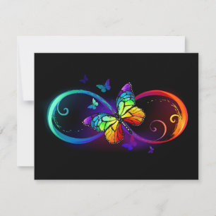 Unendlicher Vibrant with rainbow butterfly on blac Mitteilungskarte