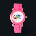 Unendliches Symbol mit Regenbogenfederhalter Armbanduhr<br><div class="desc">Künstlich gezeichnet Unendlichkeitssymbol mit schöner Regenbogenfeder auf weißem Hintergrund. Tattoo-Stil.</div>