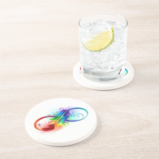 Unendliches Symbol mit Regenbogenfederhalter Getränkeuntersetzer (Seite)