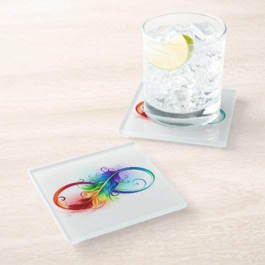 Unendliches Symbol mit Regenbogenfederhalter Glasuntersetzer (Schrägansicht)