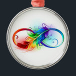 Unendliches Symbol mit Regenbogenfederhalter Ornament Aus Metall<br><div class="desc">Künstlich gezeichnet Unendlichkeitssymbol mit schöner Regenbogenfeder auf weißem Hintergrund. Tattoo-Stil.</div>