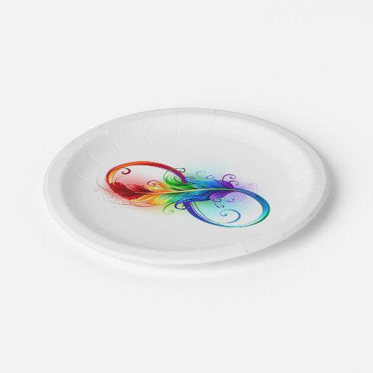 Unendliches Symbol mit Regenbogenfederhalter Pappteller (Schrägansicht)