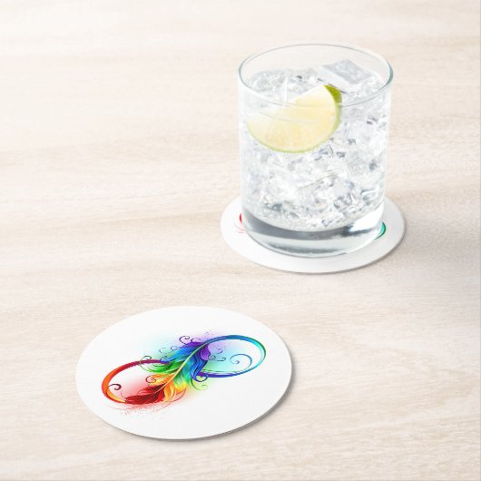 Unendliches Symbol mit Regenbogenfederhalter Runder Pappuntersetzer (Vor Ort)