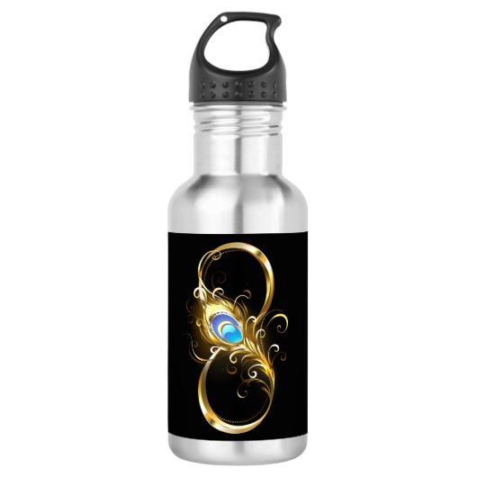 Unendlichkeit mit Golden Peacock Feather Edelstahlflasche (Vorderseite)