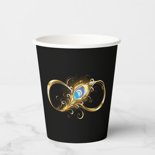 Unendlichkeit mit Golden Peacock Feather Pappbecher (Vorderseite)