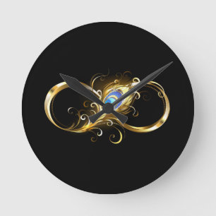 Unendlichkeit mit Golden Peacock Feather Runde Wanduhr