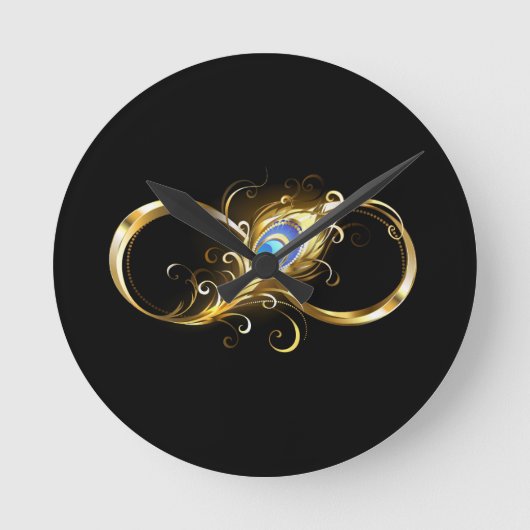 Unendlichkeit mit Golden Peacock Feather Runde Wanduhr (Vorderseite)