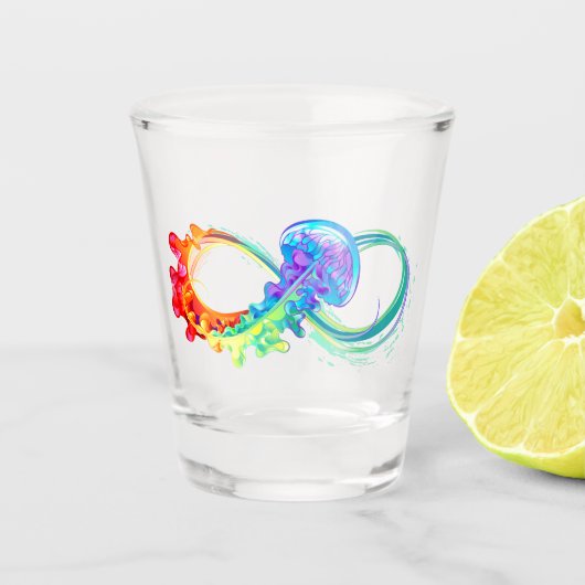 Unendlichkeit mit Rainbow Jellyfish Schnapsglas (Vorderseite)