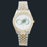 Unendlichkeitssymbol mit Peacock Feather Armbanduhr<br><div class="desc">Das Symbol der Unendlichkeit mit einer hellen,  grünen,  künstlerischen Pfauenfeder auf weißem Hintergrund. Tattoo-Stil.</div>