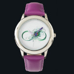 Unendlichkeitssymbol mit Peacock Feather Armbanduhr<br><div class="desc">Das Symbol der Unendlichkeit mit einer hellen,  grünen,  künstlerischen Pfauenfeder auf weißem Hintergrund. Tattoo-Stil.</div>