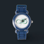 Unendlichkeitssymbol mit Peacock Feather Armbanduhr<br><div class="desc">Das Symbol der Unendlichkeit mit einer hellen,  grünen,  künstlerischen Pfauenfeder auf weißem Hintergrund. Tattoo-Stil.</div>