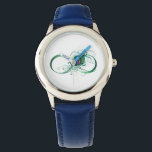 Unendlichkeitssymbol mit Peacock Feather Armbanduhr<br><div class="desc">Das Symbol der Unendlichkeit mit einer hellen,  grünen,  künstlerischen Pfauenfeder auf weißem Hintergrund. Tattoo-Stil.</div>
