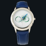 Unendlichkeitssymbol mit Peacock Feather Armbanduhr<br><div class="desc">Das Symbol der Unendlichkeit mit einer hellen,  grünen,  künstlerischen Pfauenfeder auf weißem Hintergrund. Tattoo-Stil.</div>