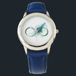 Unendlichkeitssymbol mit Peacock Feather Armbanduhr<br><div class="desc">Das Symbol der Unendlichkeit mit einer hellen,  grünen,  künstlerischen Pfauenfeder auf weißem Hintergrund. Tattoo-Stil.</div>