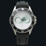 Unendlichkeitssymbol mit Peacock Feather Armbanduhr<br><div class="desc">Das Symbol der Unendlichkeit mit einer hellen,  grünen,  künstlerischen Pfauenfeder auf weißem Hintergrund. Tattoo-Stil.</div>