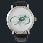 Unendlichkeitssymbol mit Peacock Feather Armbanduhr<br><div class="desc">Das Symbol der Unendlichkeit mit einer hellen,  grünen,  künstlerischen Pfauenfeder auf weißem Hintergrund. Tattoo-Stil.</div>