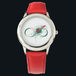 Unendlichkeitssymbol mit Peacock Feather Armbanduhr<br><div class="desc">Das Symbol der Unendlichkeit mit einer hellen,  grünen,  künstlerischen Pfauenfeder auf weißem Hintergrund. Tattoo-Stil.</div>