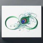 Unendlichkeitssymbol mit Peacock Feather Fotoplatte<br><div class="desc">Das Symbol der Unendlichkeit mit einer hellen,  grünen,  künstlerischen Pfauenfeder auf weißem Hintergrund. Tattoo-Stil.</div>