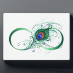 Unendlichkeitssymbol mit Peacock Feather Fotoplatte<br><div class="desc">Das Symbol der Unendlichkeit mit einer hellen,  grünen,  künstlerischen Pfauenfeder auf weißem Hintergrund. Tattoo-Stil.</div>