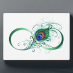 Unendlichkeitssymbol mit Peacock Feather Fotoplatte<br><div class="desc">Das Symbol der Unendlichkeit mit einer hellen,  grünen,  künstlerischen Pfauenfeder auf weißem Hintergrund. Tattoo-Stil.</div>