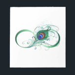 Unendlichkeitssymbol mit Peacock Feather Notizblock<br><div class="desc">Das Symbol der Unendlichkeit mit einer hellen,  grünen,  künstlerischen Pfauenfeder auf weißem Hintergrund. Tattoo-Stil.</div>