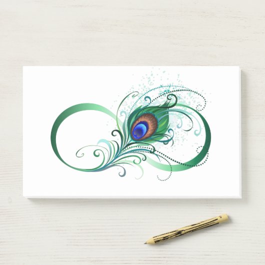 Unendlichkeitssymbol mit Peacock Feather Post-it Klebezettel (Auf Schreibtisch)